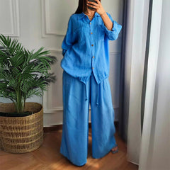 Bawełniany i lniany top z sznurkiem oraz bawełnianymi i lnianymi spodniami