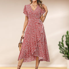 Summer damski elegancki w gardle krawatowej talii Lową kwiatową sukienkę