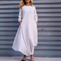 Damska luźna, jednokolorowa, lniana sukienka maxi z bawełny