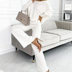✨Damski zestaw swetra z opadającymi ramionami i luźnymi spodniami w jednolitym kolorze