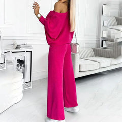 ✨Damski zestaw swetra z opadającymi ramionami i luźnymi spodniami w jednolitym kolorze