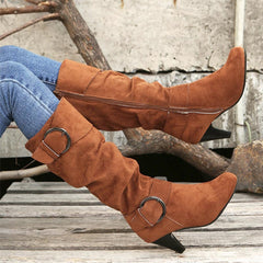 Damskie kozaki za kolano z okrągłym noskiem i falbaną