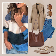 💖Damski sweter z okrągłym dekoltem w bloki kolorystyczne