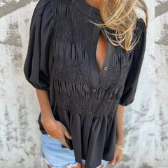 💖Damska plisowana koszula z okrągłym dekoltem i guzikami