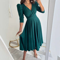 🌸Specjalne okazje wiosenne💐 Damska sukienka midi z plisowanym dekoltem w serek, wyszczuplająca talię