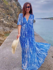 Damska szyfonowa sukienka na co dzień z nadrukiem, dekoltem w szpic, długą spódnicą, sukienka maxi, wakacyjna plaża z krótkim rękawem, lato