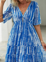 Damska szyfonowa sukienka na co dzień z nadrukiem, dekoltem w szpic, długą spódnicą, sukienka maxi, wakacyjna plaża z krótkim rękawem, lato