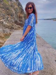 Damska szyfonowa sukienka na co dzień z nadrukiem, dekoltem w szpic, długą spódnicą, sukienka maxi, wakacyjna plaża z krótkim rękawem, lato