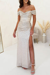 Wieczorowa sukienka maxi z cekinami i marszczonymi ramionami Diamond World