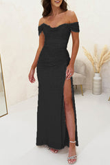 Wieczorowa sukienka maxi z cekinami i marszczonymi ramionami Diamond World