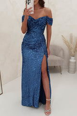 Wieczorowa sukienka maxi z cekinami i marszczonymi ramionami Diamond World