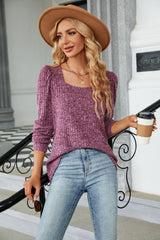 💖Prążkowany T-shirt z długim rękawem i kwadratowym dekoltem