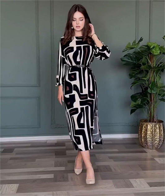 🎁Korzyści noworoczne pasek gratis🔥Dopasowująca się sukienka damska z geometrycznym nadrukiem