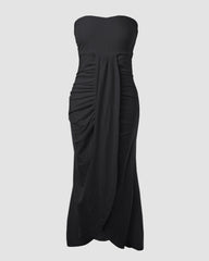 Bez rękawów Ruched Cinched talia Wrap Bandeau Dress Haft Eyelet Slit Asymetryczna sukienka wakacyjna