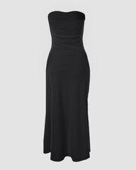 Bez rękawów Ruched Cinched talia Wrap Bandeau Dress Haft Eyelet Slit Asymetryczna sukienka wakacyjna