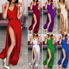 V-Neck Maxi Dress Spaghetti Straps Ribbon Waist High Slit Prom Dresses