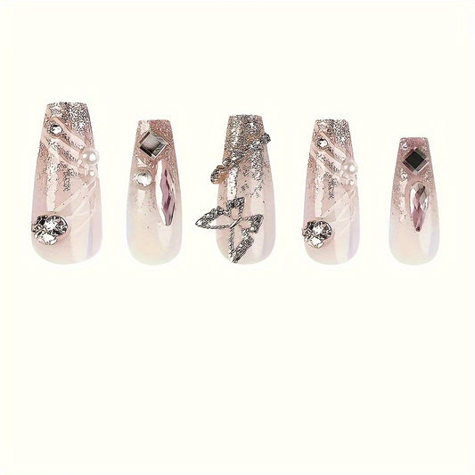24pcs Long Ballet Coffin Press-on Nails Set, Gradient Silvery Glitter With 3D Butterfly Design, Luxury Fake Nails For Women, Full Coverage Artificial Nail Tips