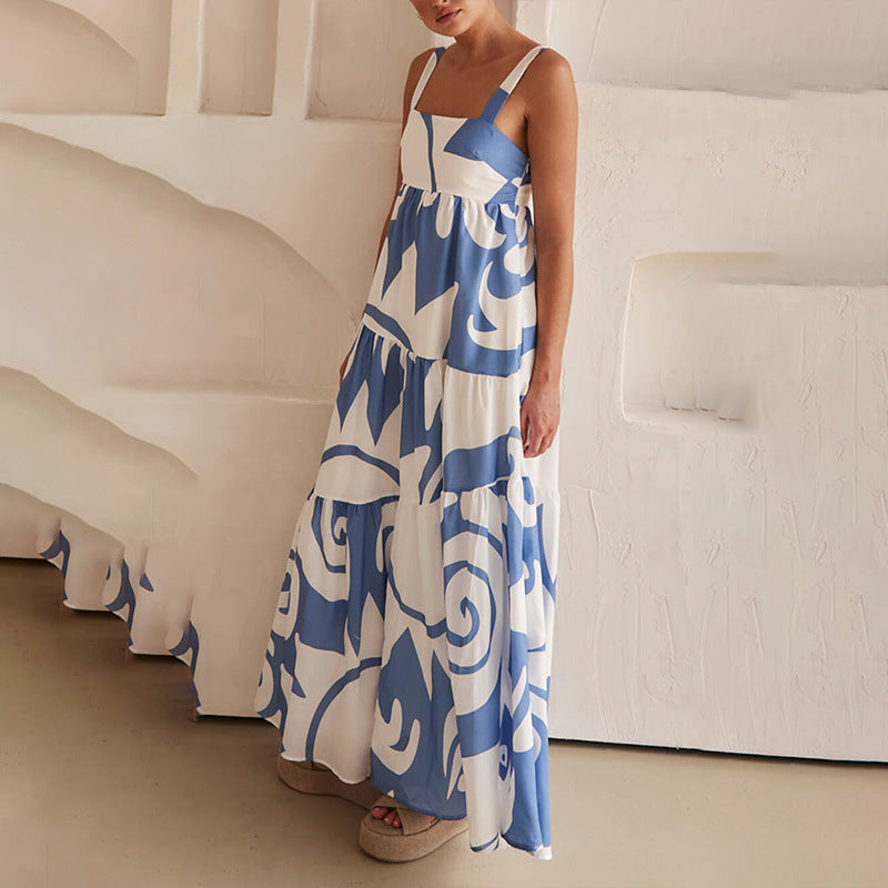 Luźna sukienka maxi w geometryczny wzór w stylu boho z marszczonymi plecami