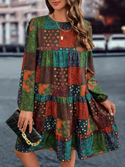 Plus Size Sukienka Boho Chic - Żywy patchworkowy nadruk z zwiewnymi latarniowymi rękawami - Okrągły dekolt, Luźny krój, Mini sukienka dla kobiet