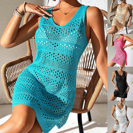 Szykowna dzianinowa sukienka plażowa w jednolitym kolorze