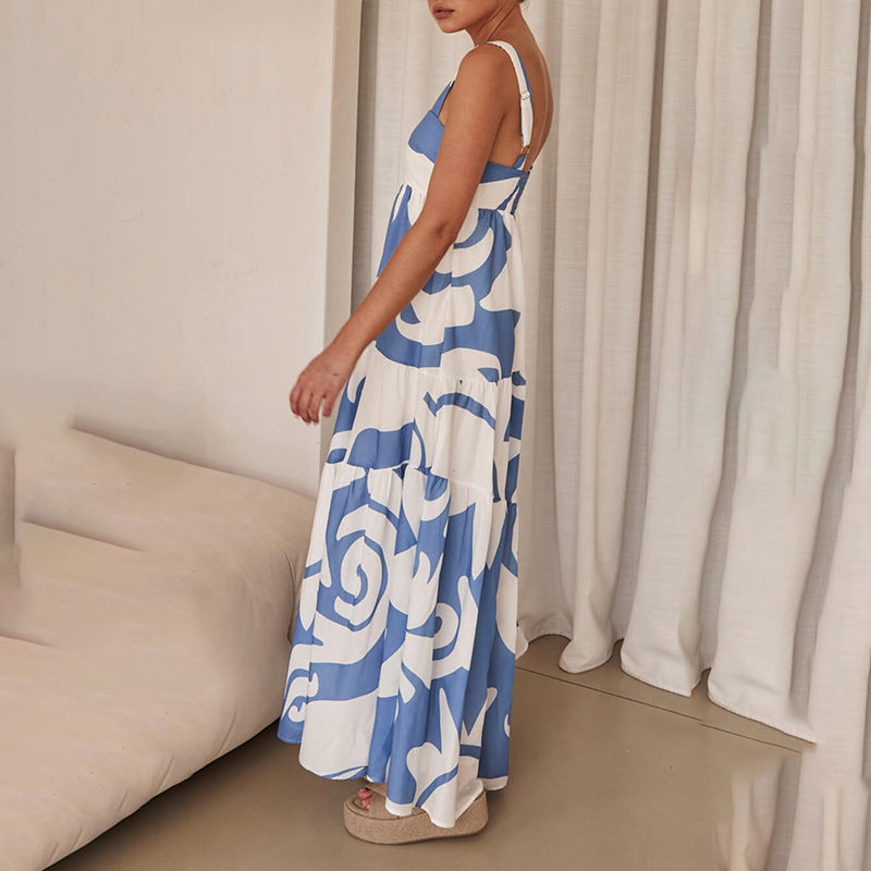 Luźna sukienka maxi w geometryczny wzór w stylu boho z marszczonymi plecami