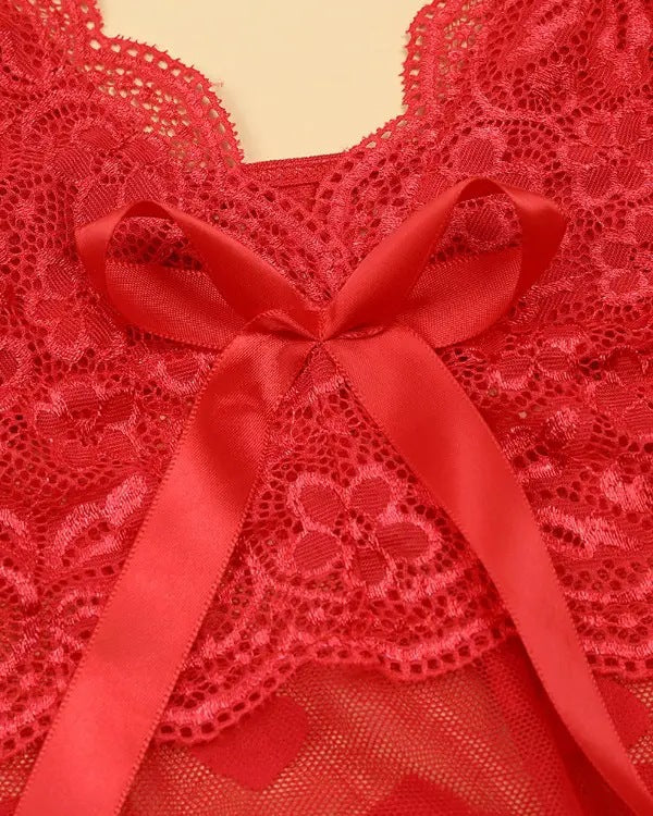 🎁Przezroczysta siatkowa babydoll z kontrastową koronką w kształcie serca i stringami