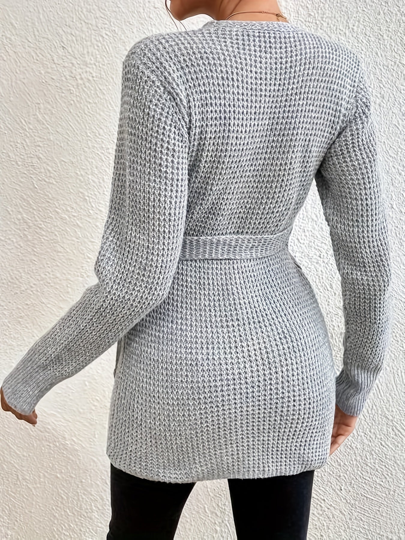 Solid Surplice Neck Belted Cardigan, Casual Long Sleeve Sweater For Fall & Winter, Women's Clothing