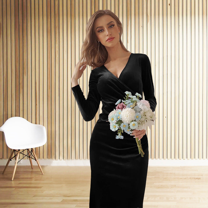 👄Elegancka suknia wieczorowa z dekoltem w kształcie litery V, z długim rękawem, aksamitna, koktajlowa. Damska suknia wieczorowa