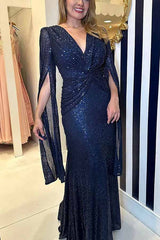 Wieczorowa sukienka maxi ze skrzyżowanymi rękawami i błyszczącymi cekinami