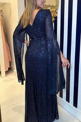 Wieczorowa sukienka maxi ze skrzyżowanymi rękawami i błyszczącymi cekinami