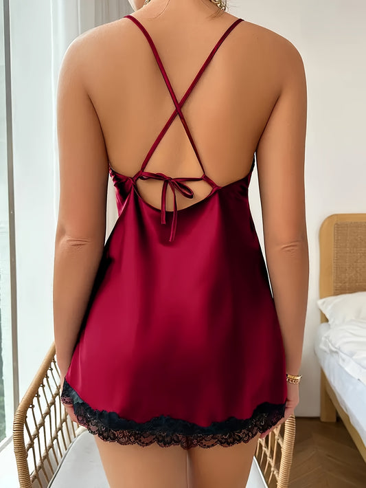 Allure in Comfort: V-Neck Lace-Trim Polyester Nightdress - Sexy Side-Split Sleep Gown for Women, Easy Care & All-Season