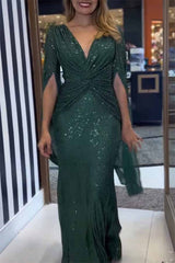 Wieczorowa sukienka maxi ze skrzyżowanymi rękawami i błyszczącymi cekinami