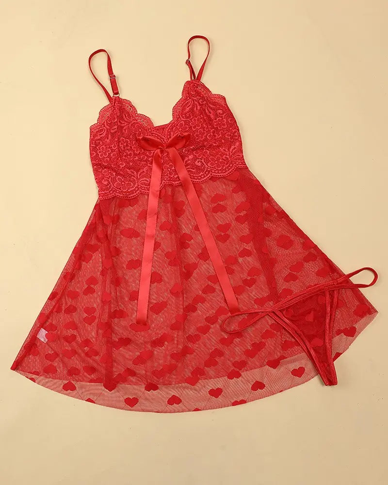 🎁Przezroczysta siatkowa babydoll z kontrastową koronką w kształcie serca i stringami