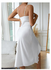 Women's Satin Slip Dress, Sexy Spaghetti Strap, Charming V-Neck, Ruffle Hem, Side Slit Sleepwear, Elegant Nightgown