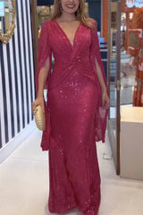 Wieczorowa sukienka maxi ze skrzyżowanymi rękawami i błyszczącymi cekinami