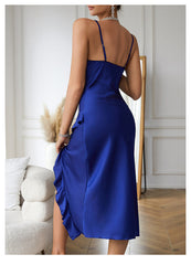 Women's Satin Slip Dress, Sexy Spaghetti Strap, Charming V-Neck, Ruffle Hem, Side Slit Sleepwear, Elegant Nightgown