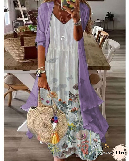 Fałszywa dwuczęściowa, swobodna, długa sukienka z dekoltem w kształcie litery V, S-5XL