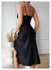 Women's Satin Slip Dress, Sexy Spaghetti Strap, Charming V-Neck, Ruffle Hem, Side Slit Sleepwear, Elegant Nightgown
