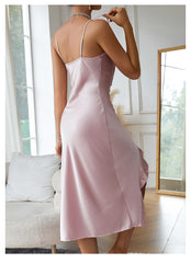 Women's Satin Slip Dress, Sexy Spaghetti Strap, Charming V-Neck, Ruffle Hem, Side Slit Sleepwear, Elegant Nightgown