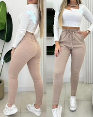 Obcisłe spodnie z podszewką z polaru i sznurkiem w talii