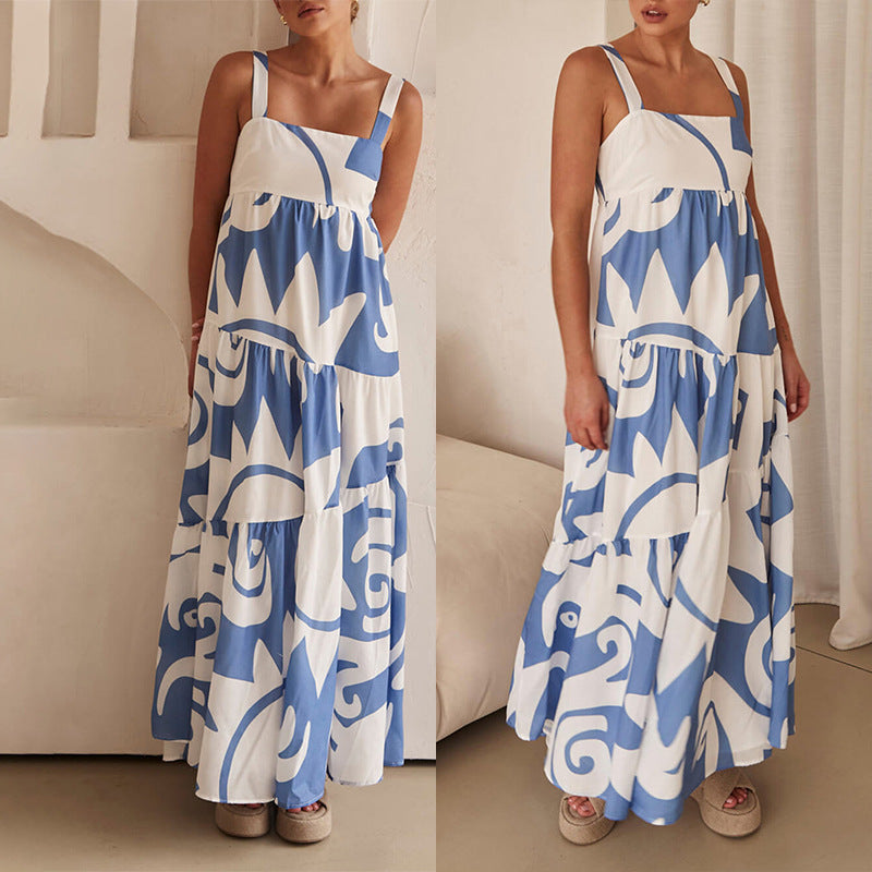 Luźna sukienka maxi w geometryczny wzór w stylu boho z marszczonymi plecami