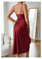 Women's Satin Slip Dress, Sexy Spaghetti Strap, Charming V-Neck, Ruffle Hem, Side Slit Sleepwear, Elegant Nightgown