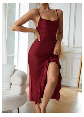 Women's Satin Slip Dress, Sexy Spaghetti Strap, Charming V-Neck, Ruffle Hem, Side Slit Sleepwear, Elegant Nightgown
