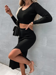 🥰Modny i seksowny dwuczęściowy komplet z gwintowaną długą spódnicą z długim rękawem