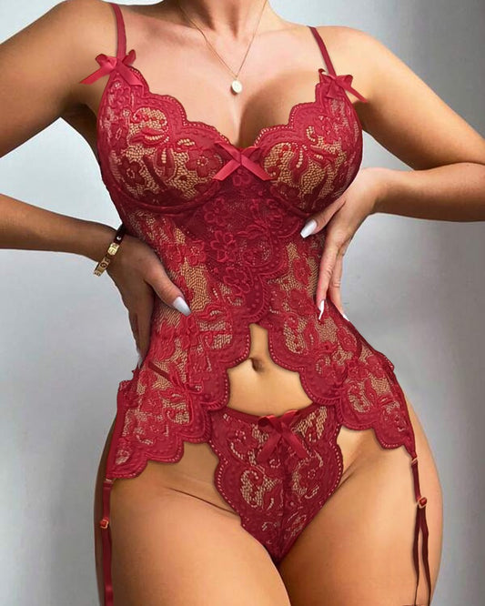 Bowknot Decor Spaghetti Pasek koronkowy zestaw bielizny