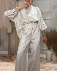 Dwuczęściowy zestaw ze stójką, swobodny, bawełniany i lniany