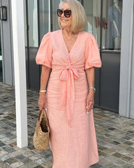 Eleganckie bawełniane i lniane sukienki damskie z kokardą i paskiem