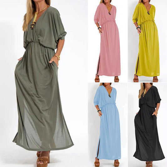 Elegancka sukienka maxi w jednolitym kolorze, z wysokim stanem i dekoltem w kształcie litery V