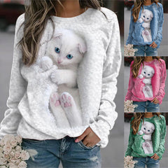 Damskie pulowerowe topy w stylu casual, w paski, damskie, zwierzęce, na co dzień, luźne, z nadrukiem uroczego kota, z długim rękawem, wokół szyi, zimową jesienią