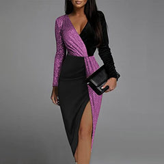 💎Seksowna dopasowana sukienka midi z dekoltem w szpic. Casualowa, zapinana na zamek, z długim rękawem, błyszcząca mini sukienka na imprezę